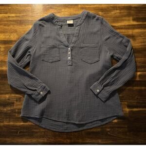 Mote Women’s Large Blouse 100% Cotton Gauze Top Henley V Neck Pullover Shirt